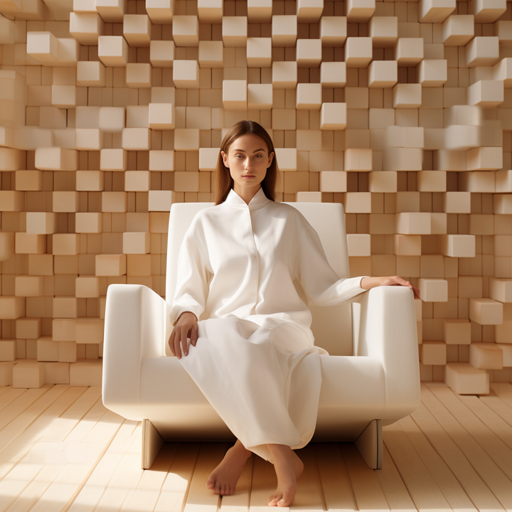 Biomimetic skincare on lady in white sitting on a chair