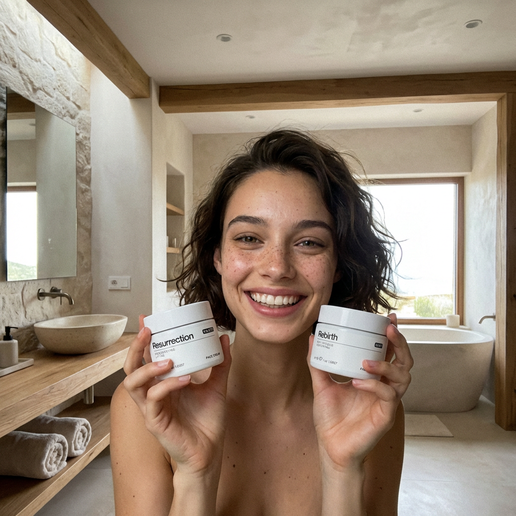 Woman holding two jars of skincare  Rebirth and Resurrection in a bathroom